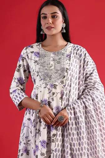 Floral Empire Sequinned Pure Cotton A-Line Kurta with Trousers & Dupatta