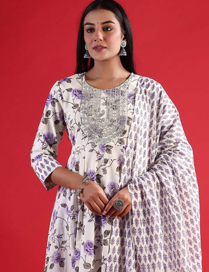 Floral Empire Sequinned Pure Cotton A-Line Kurta with Trousers & Dupatta