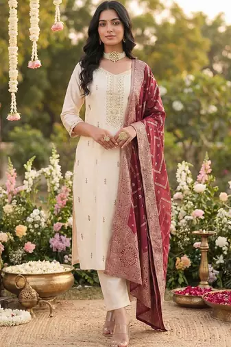 Women Ethnic Motifs Embroidered Regular Kurta with Trousers & With Dupatta