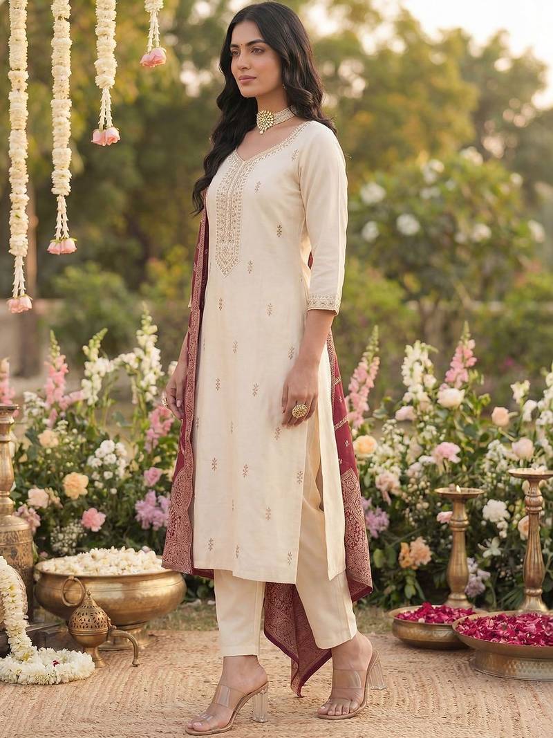 Women Ethnic Motifs Embroidered Regular Kurta with Trousers & With Dupatta