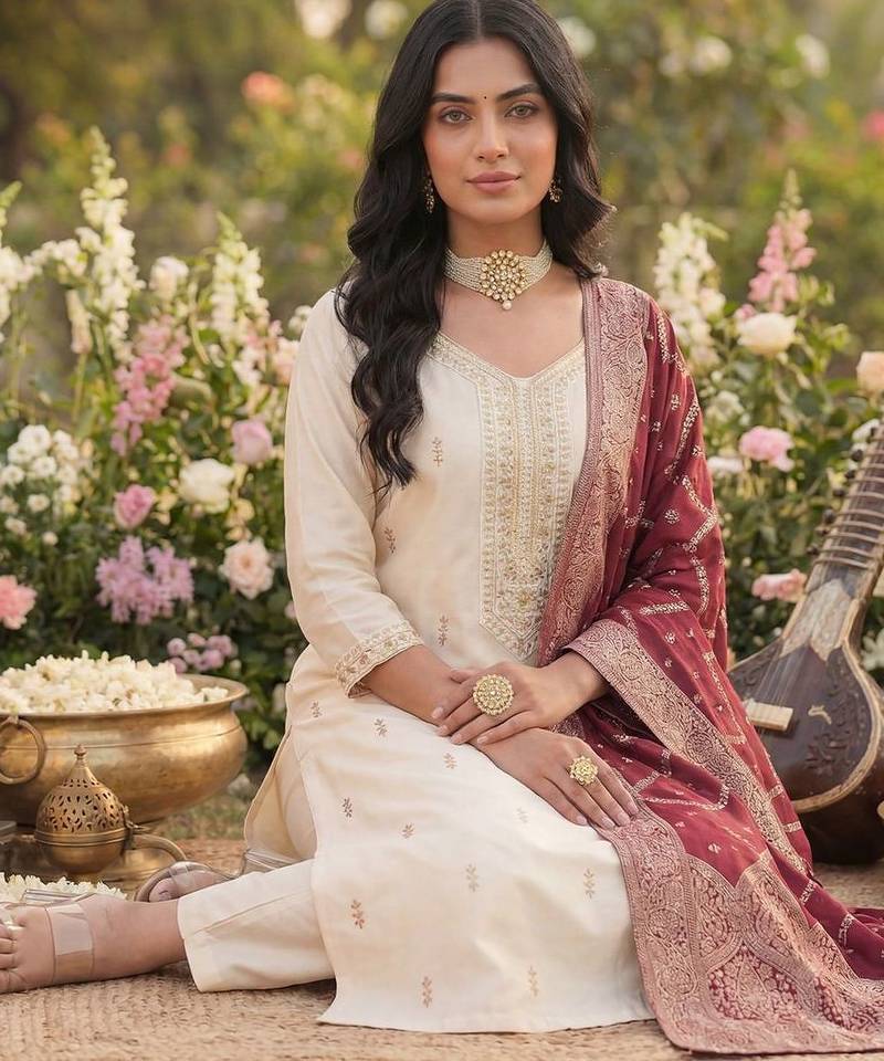 Women Ethnic Motifs Embroidered Regular Kurta with Trousers & With Dupatta