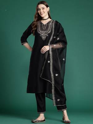 Ethnic Motifs Embroidered Liva Kurta with Trousers & With Dupatta 1