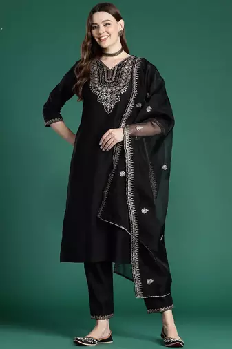 Ethnic Motifs Embroidered Liva Kurta with Trousers & With Dupatta