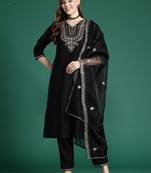 Ethnic Motifs Embroidered Liva Kurta with Trousers & With Dupatta