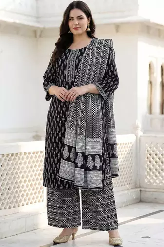 plus size motifs printed regular  cotton kurta with palazzos & with dupatta
