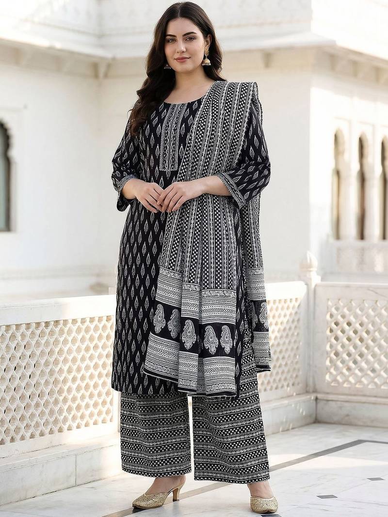 Plus Size Motifs Printed Regular Pure Cotton Kurta with Palazzos & With Dupatta
