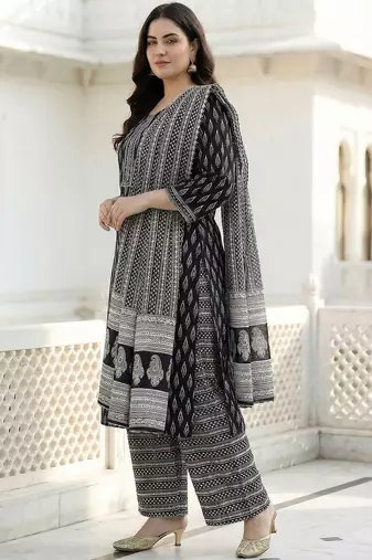 plus size motifs printed regular  cotton kurta with palazzos & with dupatta