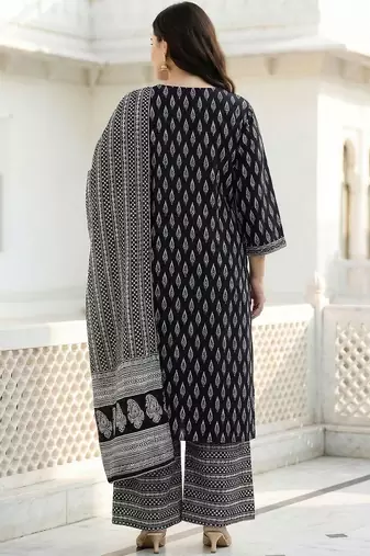 plus size motifs printed regular  cotton kurta with palazzos & with dupatta