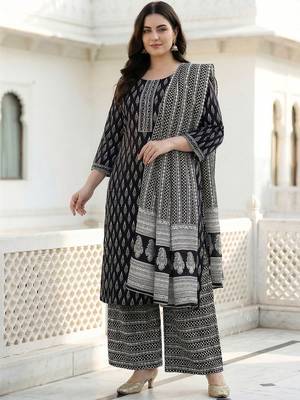 plus size motifs printed regular  cotton kurta with palazzos & with dupatta 6