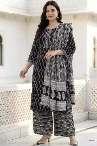 plus size motifs printed regular  cotton kurta with palazzos & with dupatta