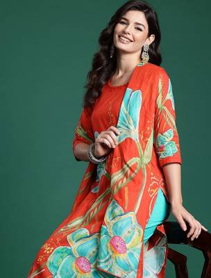 Floral Printed Beads & Stones Pure Cotton Kurta With Trousers & Dupatta 2