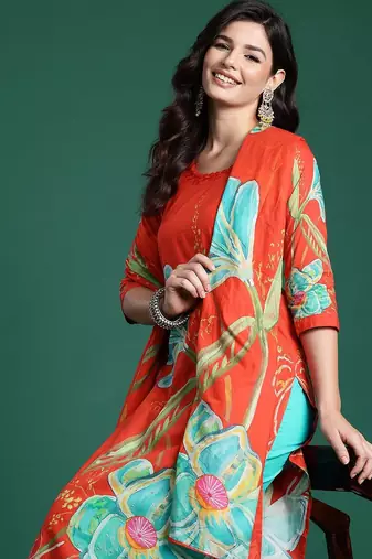 Floral Printed Beads & Stones Pure Cotton Kurta With Trousers & Dupatta