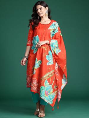 Floral Printed Beads & Stones Pure Cotton Kurta With Trousers & Dupatta 1