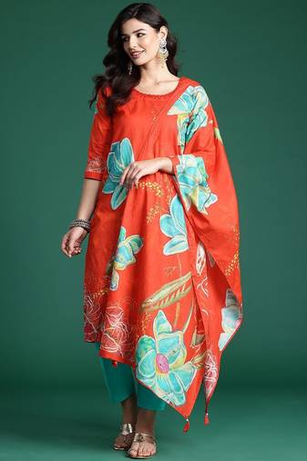 Floral Printed Beads & Stones Pure Cotton Kurta With Trousers & Dupatta