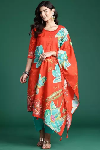 Floral Printed Beads & Stones Pure Cotton Kurta With Trousers & Dupatta