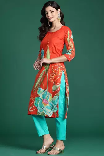 Floral Printed Beads & Stones Pure Cotton Kurta With Trousers & Dupatta