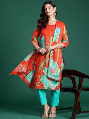 Floral Printed Beads & Stones Pure Cotton Kurta With Trousers & Dupatta 8