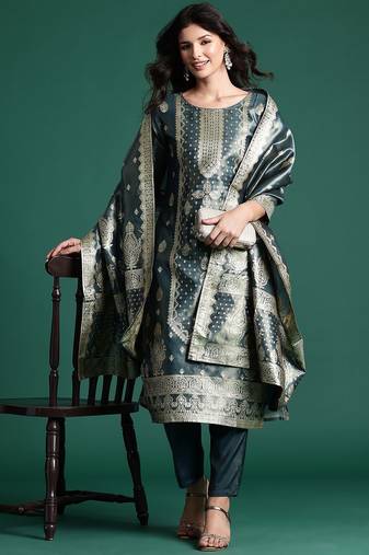 Ethnic Motifs Jacquard Zari Kurta With Trousers & Dupatta