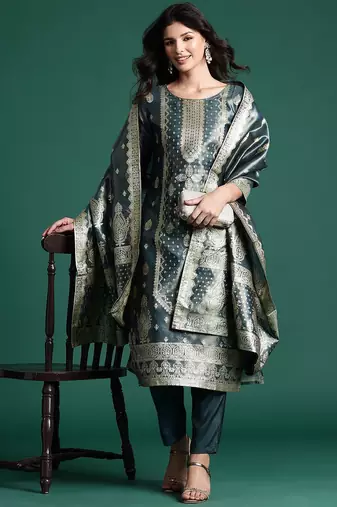 Ethnic Motifs Jacquard Zari Kurta With Trousers & Dupatta