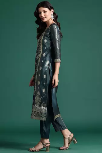 Ethnic Motifs Jacquard Zari Kurta With Trousers & Dupatta