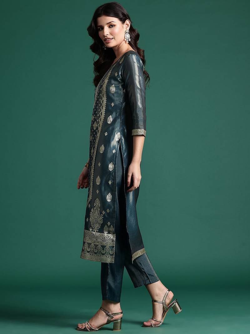 Ethnic Motifs Jacquard Zari Kurta With Trousers & Dupatta