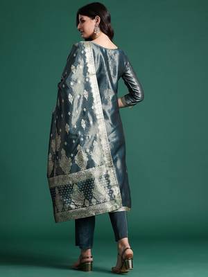 Ethnic Motifs Jacquard Zari Kurta With Trousers & Dupatta 6