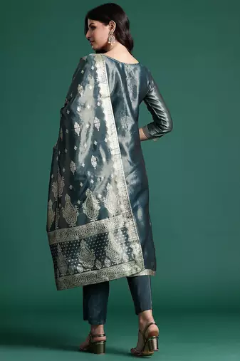 Ethnic Motifs Jacquard Zari Kurta With Trousers & Dupatta