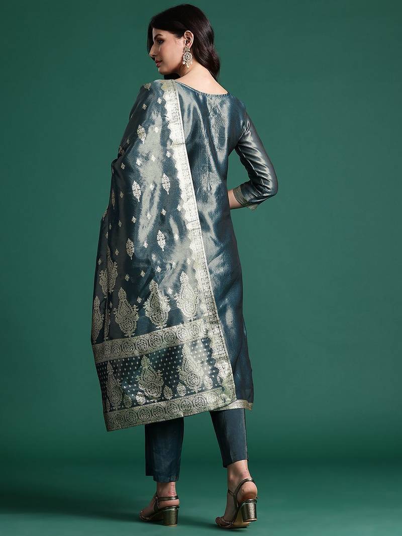 Ethnic Motifs Jacquard Zari Kurta With Trousers & Dupatta