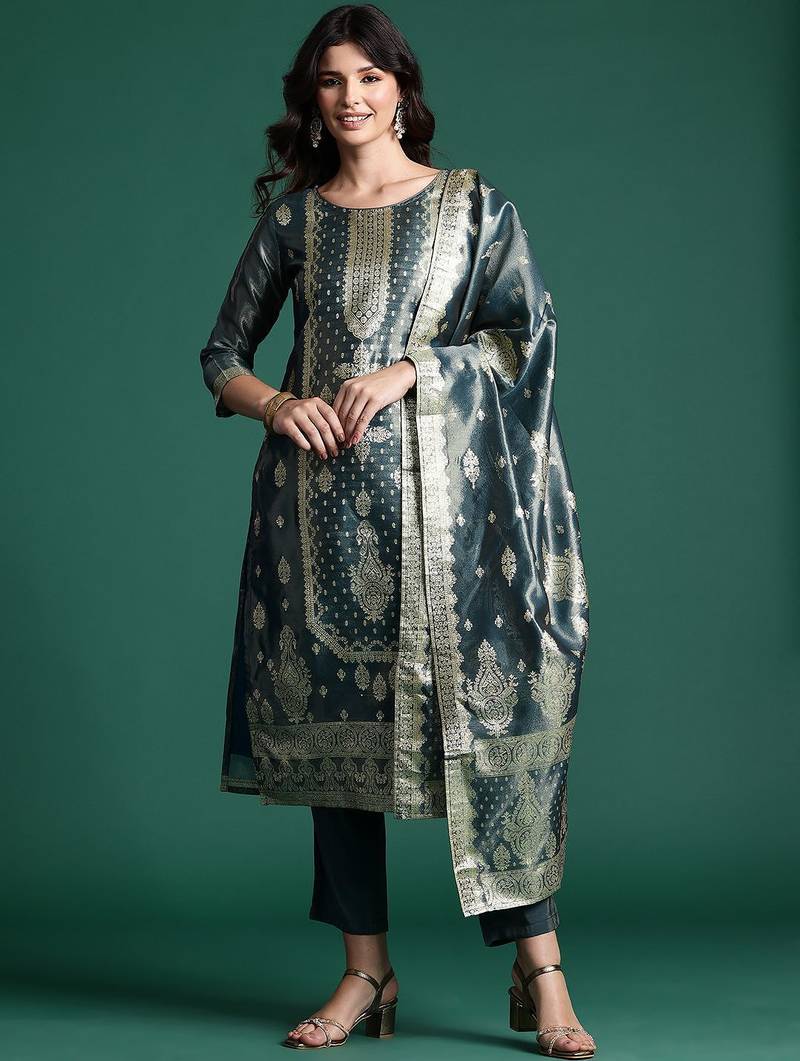 Ethnic Motifs Jacquard Zari Kurta With Trousers & Dupatta