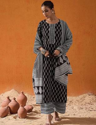 Geometric Printed Mirror Work Pure Cotton Kurta With Palazzos & Dupatta 1