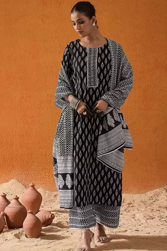 Geometric Printed Mirror Work Pure Cotton Kurta With Palazzos & Dupatta