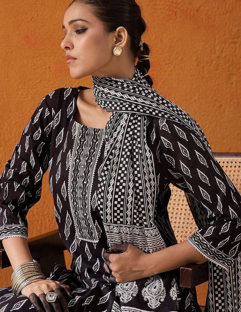 Geometric Printed Mirror Work Pure Cotton Kurta With Palazzos & Dupatta