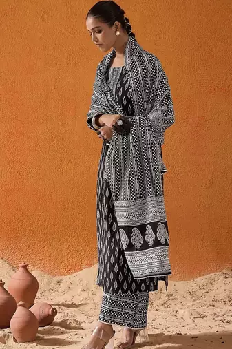Geometric Printed Mirror Work Pure Cotton Kurta With Palazzos & Dupatta