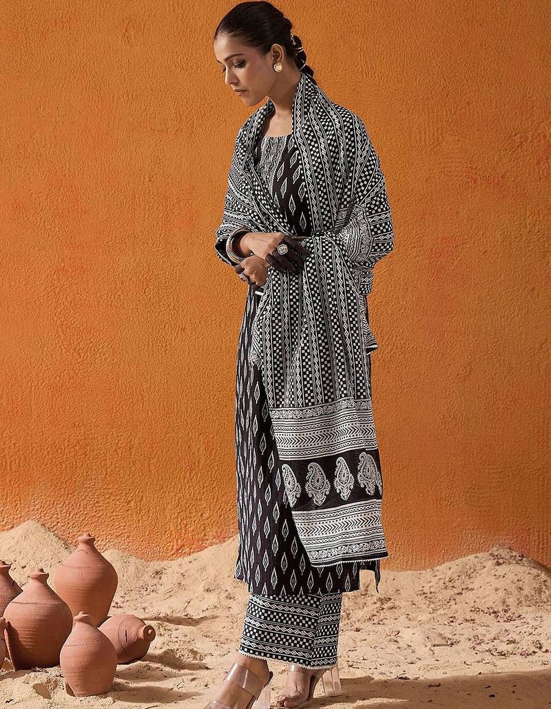 Geometric Printed Mirror Work Pure Cotton Kurta With Palazzos & Dupatta