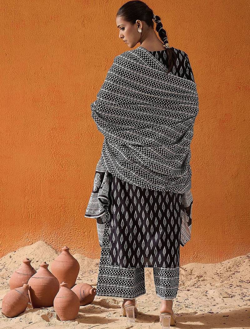 Geometric Printed Mirror Work Pure Cotton Kurta With Palazzos & Dupatta
