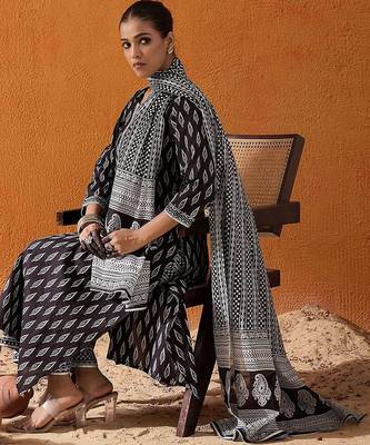 Geometric Printed Mirror Work Pure Cotton Kurta With Palazzos & Dupatta 7