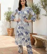 Women Floral Printed Regular Thread Work Pure Cotton Kurta with Trousers