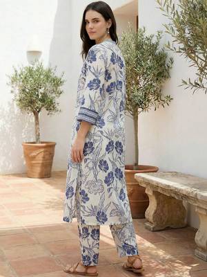 Women Floral Printed Regular Thread Work Pure Cotton Kurta with Trousers 3