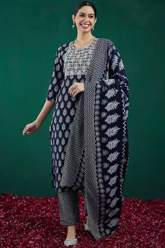 Ethnic Motifs Printed Thread Work Straight Kurta With Trousers & Dupatta