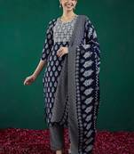 Ethnic Motifs Printed Thread Work Straight Kurta With Trousers & Dupatta