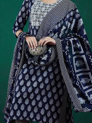 Ethnic Motifs Printed Thread Work Straight Kurta With Trousers & Dupatta 2