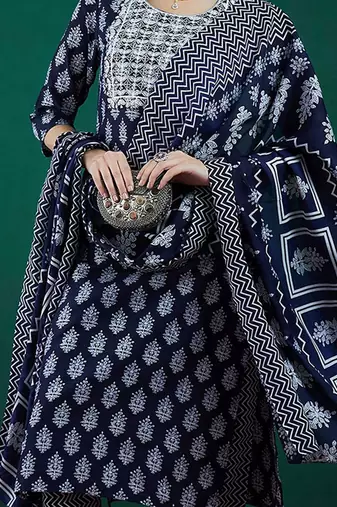 Ethnic Motifs Printed Thread Work Straight Kurta With Trousers & Dupatta