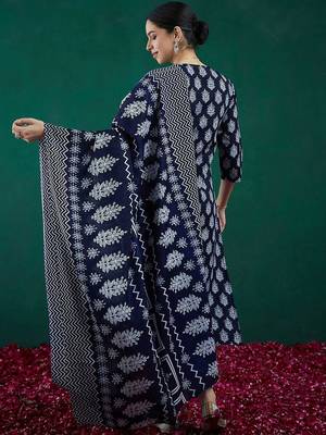 Ethnic Motifs Printed Thread Work Straight Kurta With Trousers & Dupatta 6