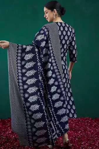 Ethnic Motifs Printed Thread Work Straight Kurta With Trousers & Dupatta
