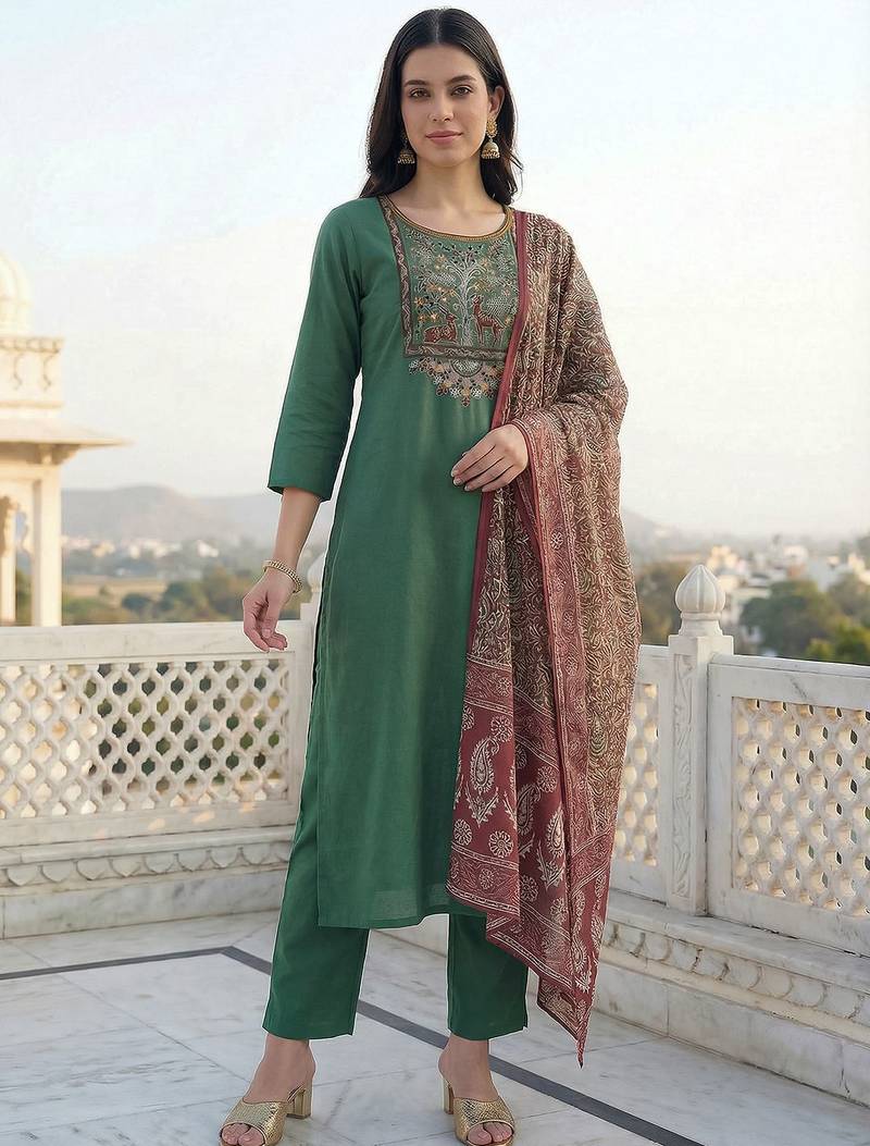 Women Ethnic Motifs Embroidered Regular Thread Work Kurta with Trousers & With Dupatta