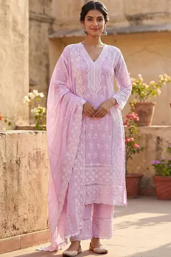 Women Ethnic Motifs Embroidered Regular Chikankari Pure Cotton Kurta with Trousers & With Dupatta