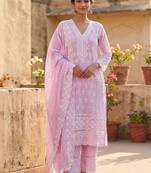 Women Ethnic Motifs Embroidered Regular Chikankari Pure Cotton Kurta with Trousers & With Dupatta