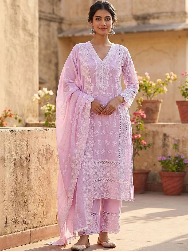 Women Ethnic Motifs Embroidered Regular Chikankari Pure Cotton Kurta with Trousers & With Dupatta