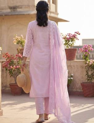 Women Ethnic Motifs Embroidered Regular Chikankari Pure Cotton Kurta with Trousers & With Dupatta 3