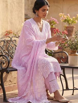 Women Ethnic Motifs Embroidered Regular Chikankari Pure Cotton Kurta with Trousers & With Dupatta 4